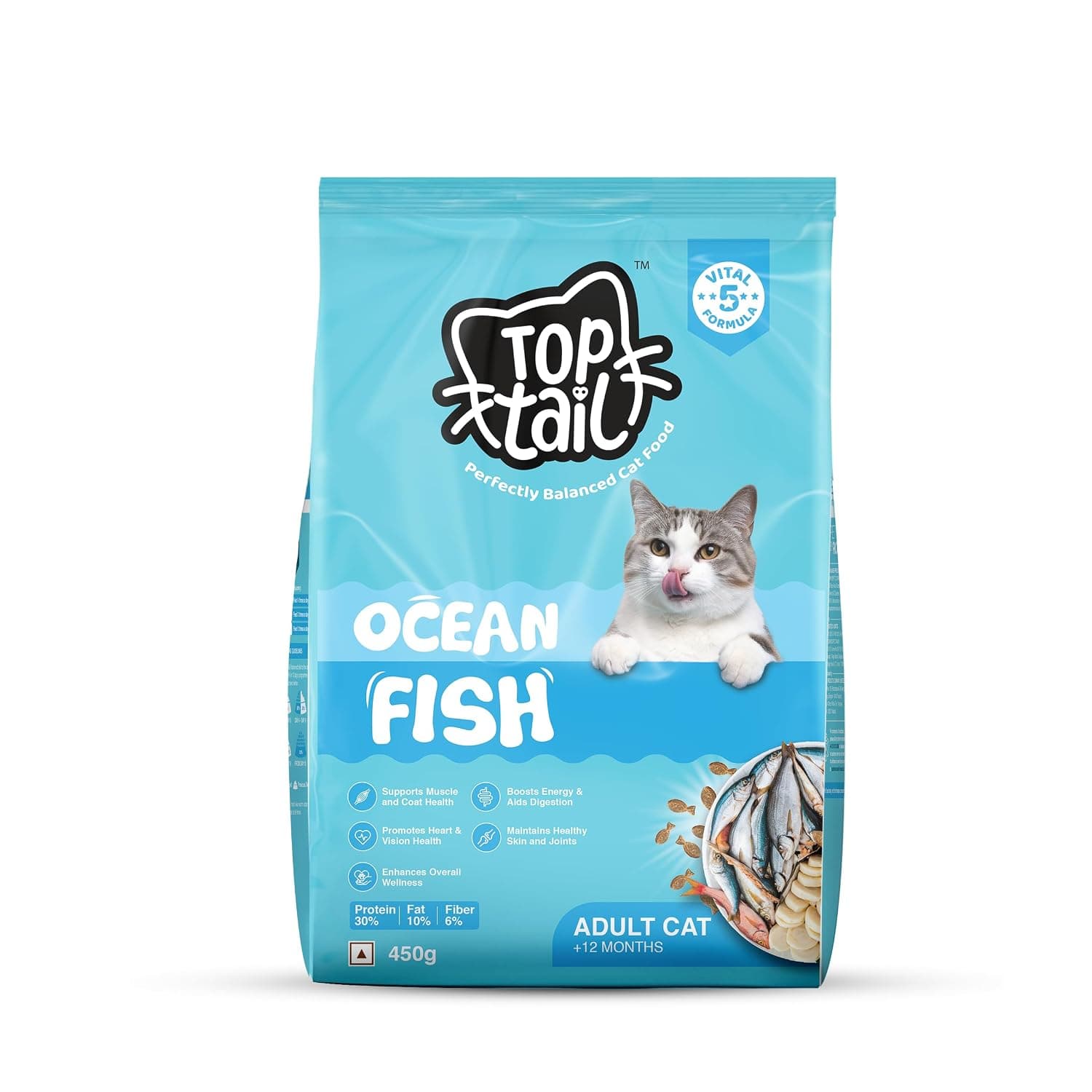 TOPTAIL Ocean Fish Food for Adult Cat (Above 12 Month) 450g | Cat Food is Specially Crafted Chicken & Tuna Oil Support Lean Muscles, a Shiny Coat & Joint Health | Pack of 1